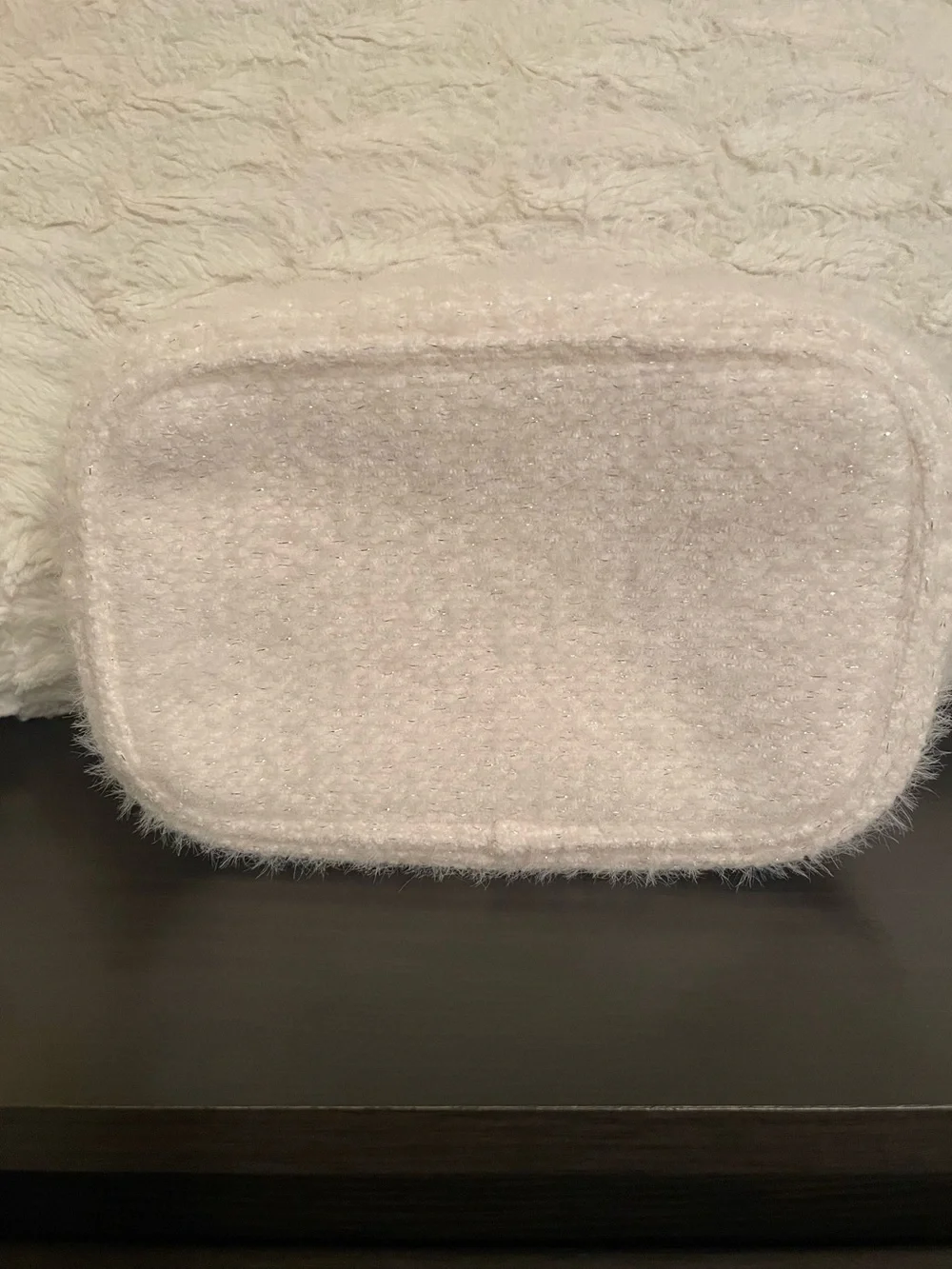 CHANEL white Faux-Fur makeup Case with Gold Logo